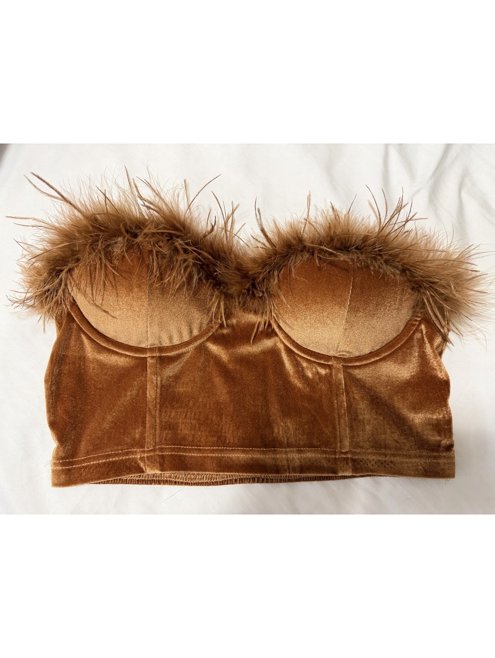 Fairy Whimsical Coquette Copper Velvet Strapless Crop Top & Feather Trim, Size
